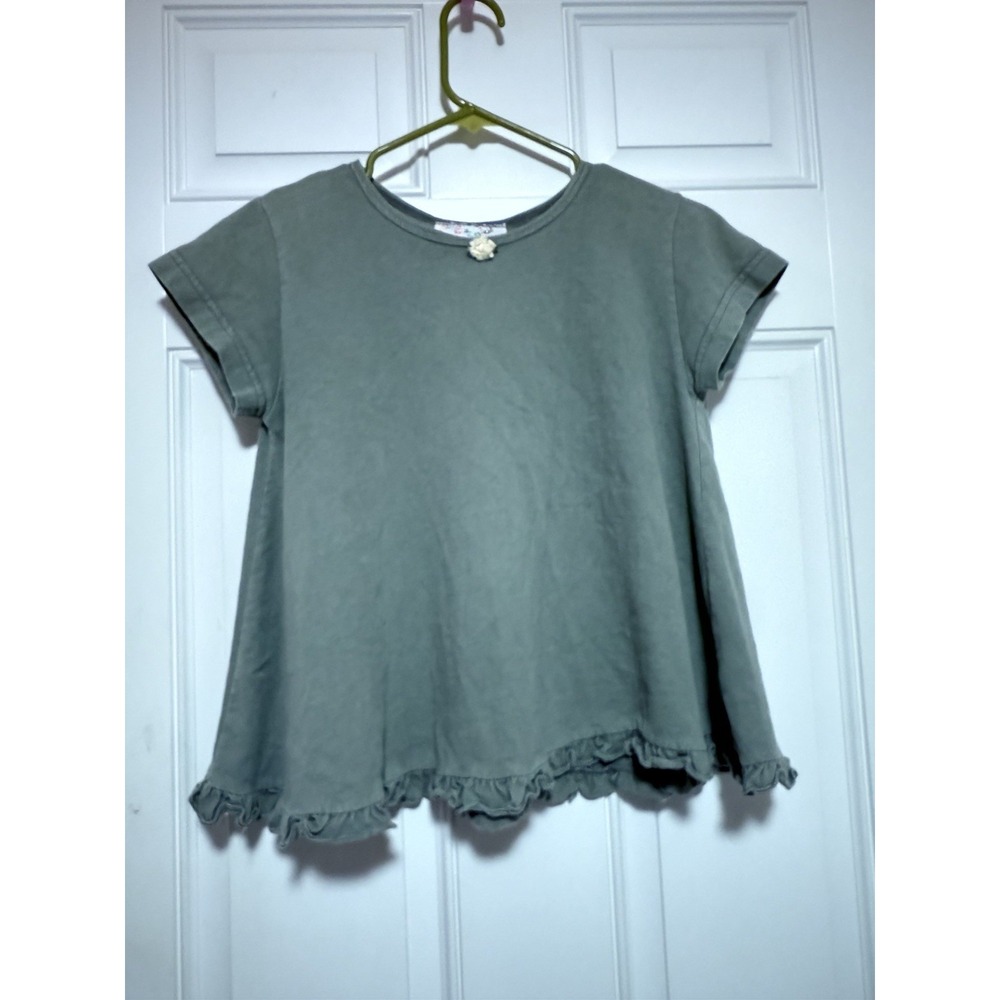 See Me Color Vintage Fringe Ruffle Green Top Size Medium With Flower Embellished